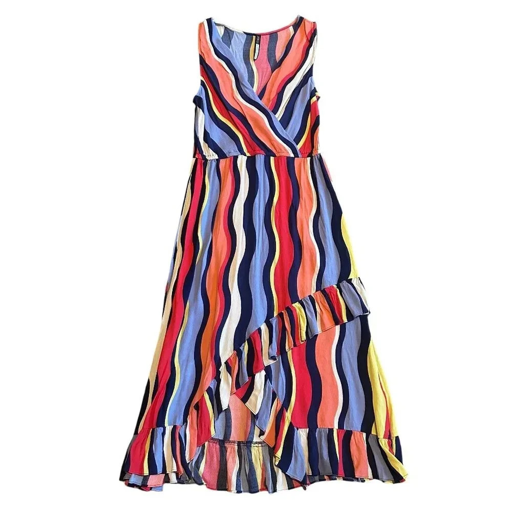 Plenty by Tracy Reese Rainbow Stripe Dress Surplice V-Neck Ruffle Size Small